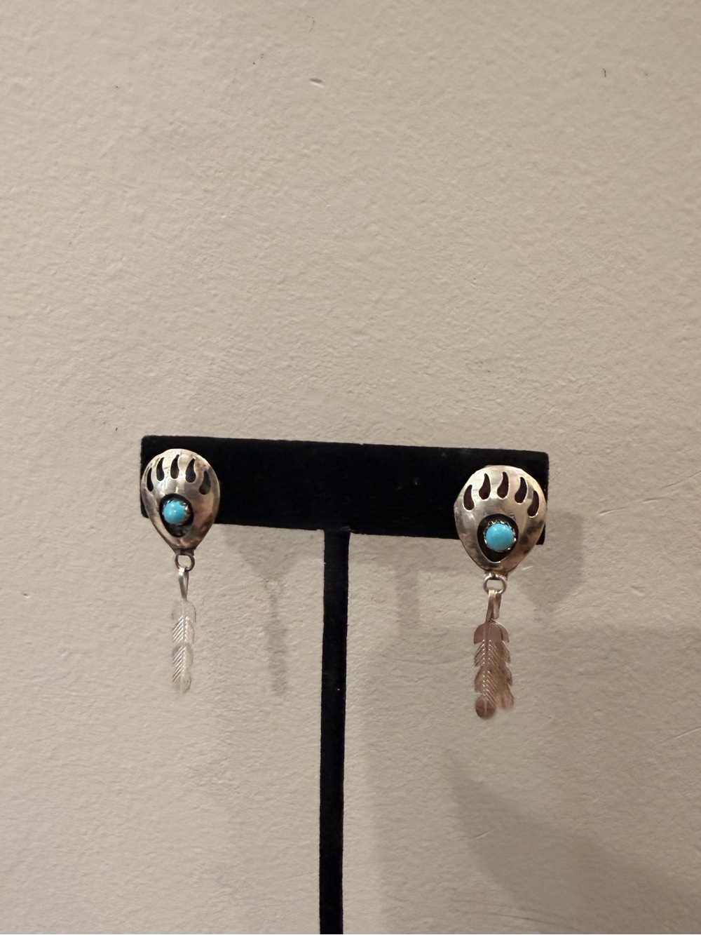Sterling Silver (Unmarked) Bear Paw & Turquoise Earrings | Feather Drop